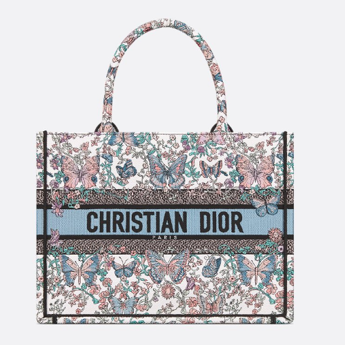 디올 DIOR Book Tote 미디엄 백 화이트 & 블루 Toile de Jouy Papillon 자수 M1296ZEEV_M933