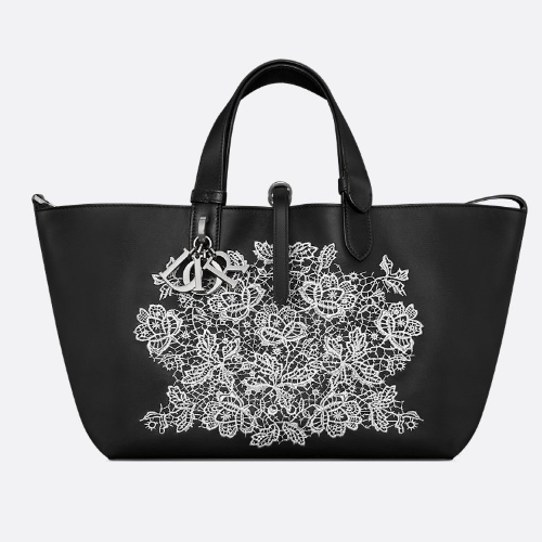 디올 Toujours 미디엄 백 블랙 송아지 가죽 & 화이트 로즈 자수 M2821VNUT_M911